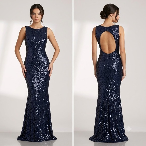 None Dresses & Skirts - Navy Sequined Mermaid Gown Keyhole Back Formal Dress Women Small